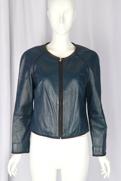 Massimo Dutti Blue Leather Cropped Jacket