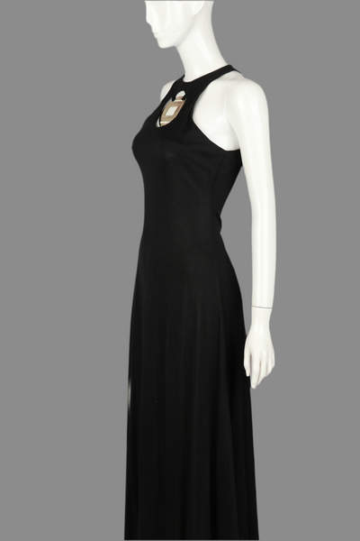 1970s Black Jersey Dress with Medallion