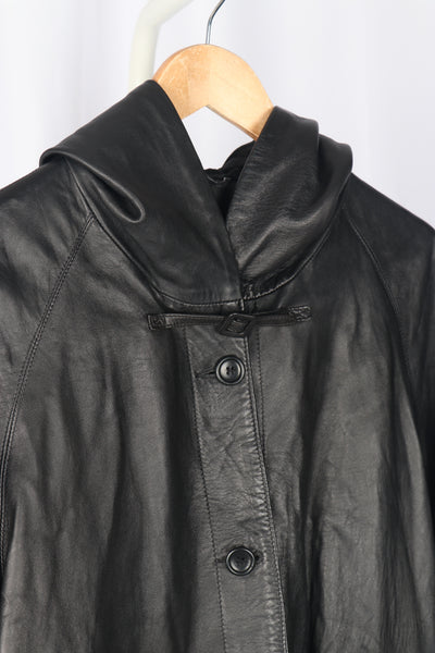 Italian Black Leather Hooded Coat