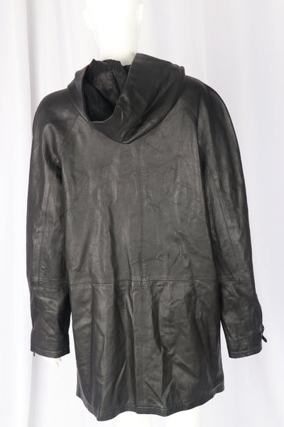 Italian Black Leather Hooded Coat