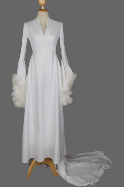 Sixties / Seventies Marabou Trim Wedding Dress with Train