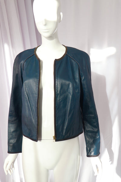 Massimo Dutti Blue Leather Cropped Jacket