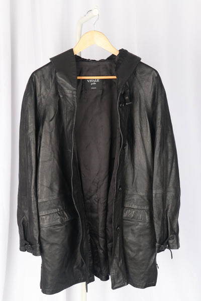 Italian Black Leather Hooded Coat