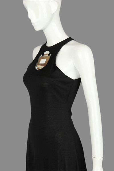 1970s Black Jersey Dress with Medallion