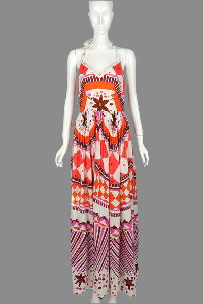 1970s Printed Halter Maxi Dress