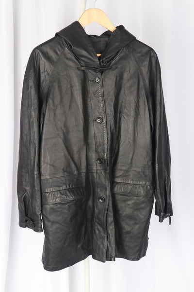 Italian Black Leather Hooded Coat