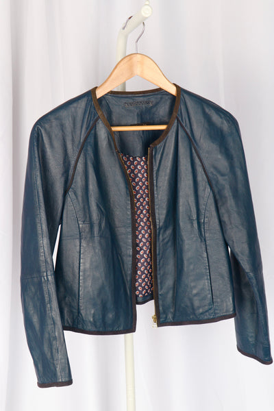 Massimo Dutti Blue Leather Cropped Jacket