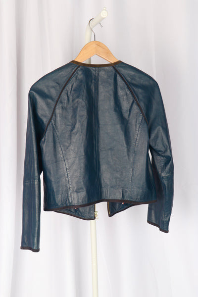 Massimo Dutti Blue Leather Cropped Jacket
