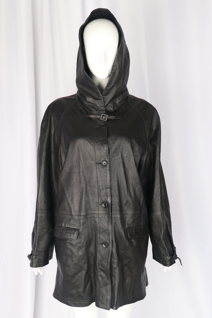 Italian Black Leather Hooded Coat