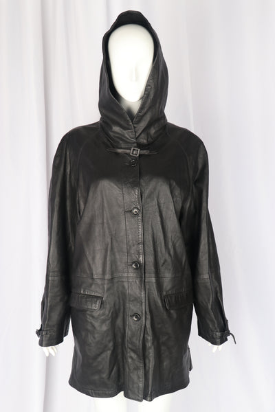 Italian Black Leather Hooded Coat