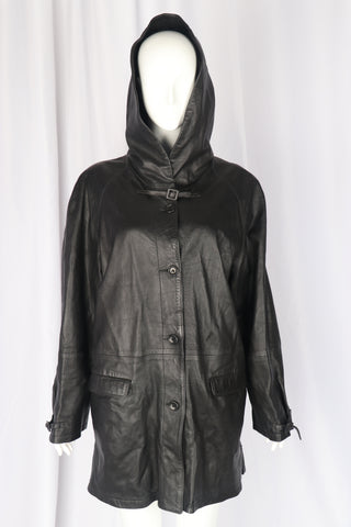 Italian Black Leather Hooded Coat