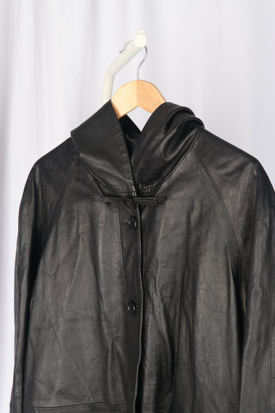 Italian Black Leather Hooded Coat