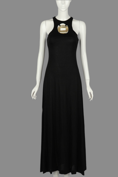 1970s Black Jersey Dress with Medallion