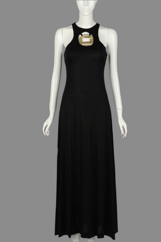 1970s Black Jersey Dress with Medallion