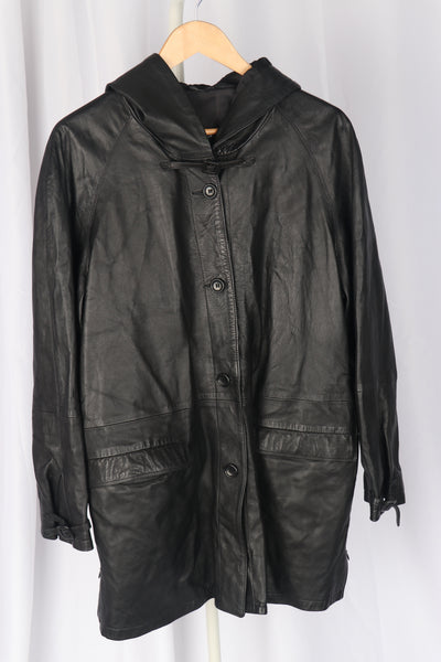 Italian Black Leather Hooded Coat