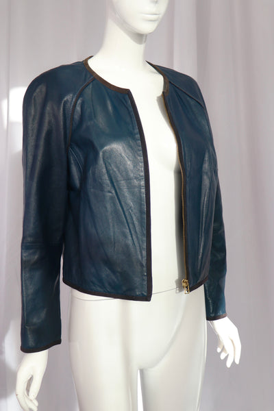 Massimo Dutti Blue Leather Cropped Jacket