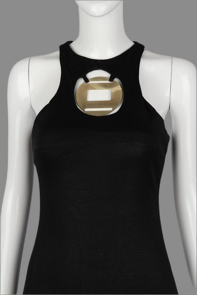 1970s Black Jersey Dress with Medallion