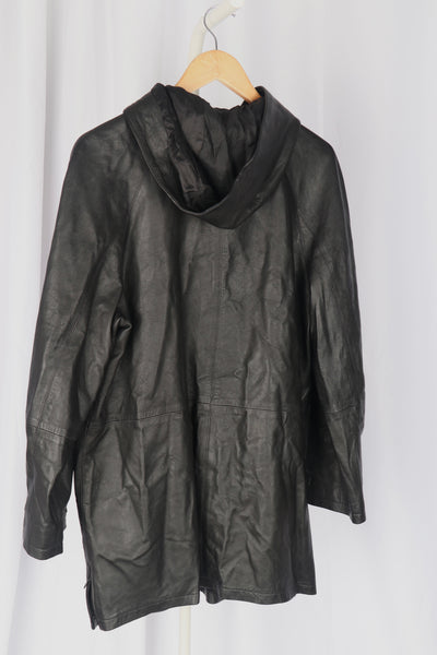 Italian Black Leather Hooded Coat