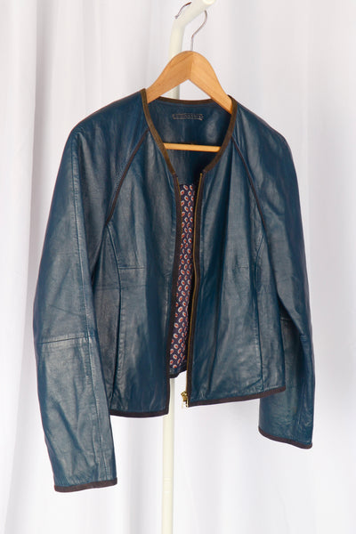 Massimo Dutti Blue Leather Cropped Jacket