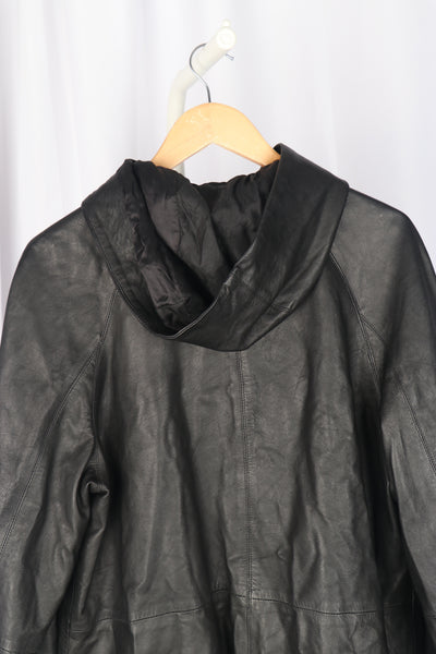 Italian Black Leather Hooded Coat