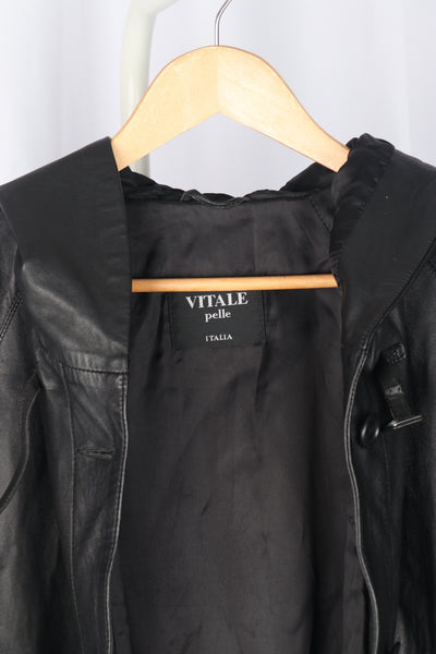 Italian Black Leather Hooded Coat