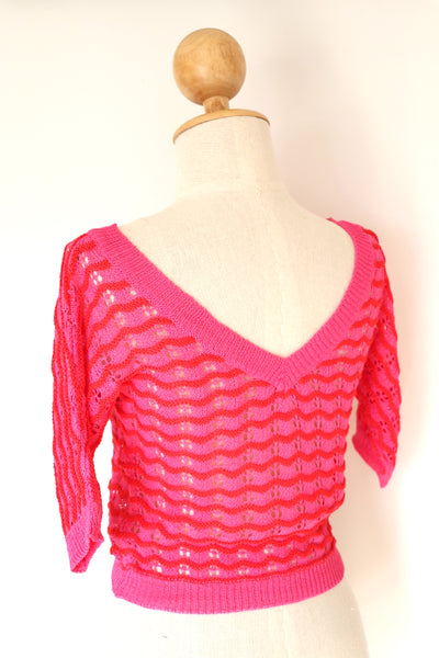 Open Neck Knit Top (Pink & Red)